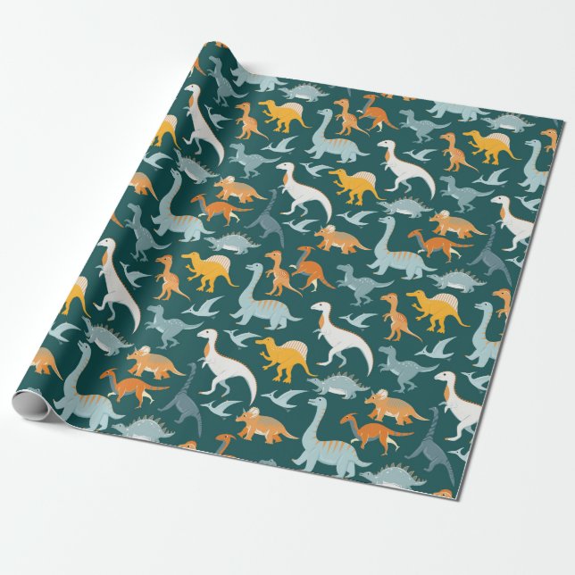 Seamless pattern with flat vector cartoon dinosaur wrapping paper (Unrolled)