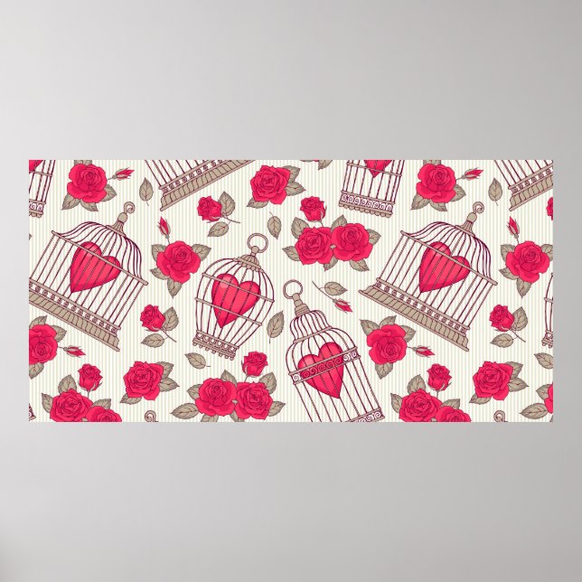 Seamless pattern with flowers and bird cages. Rose Poster (Front)
