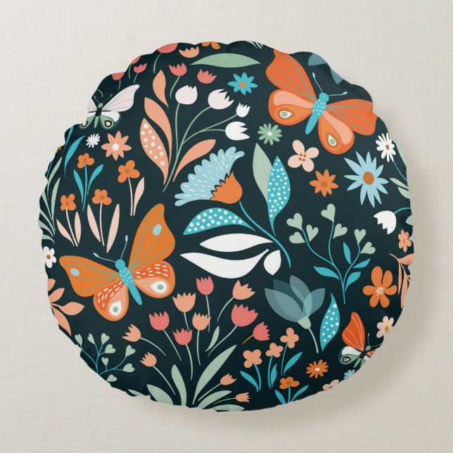 Seamless pattern with flowers and butterflies round cushion (Front)