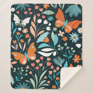 Seamless pattern with flowers and butterflies sherpa blanket