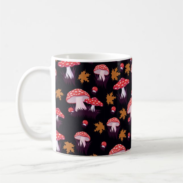 Seamless pattern with fly agaric and maple leaves. coffee mug (Left)