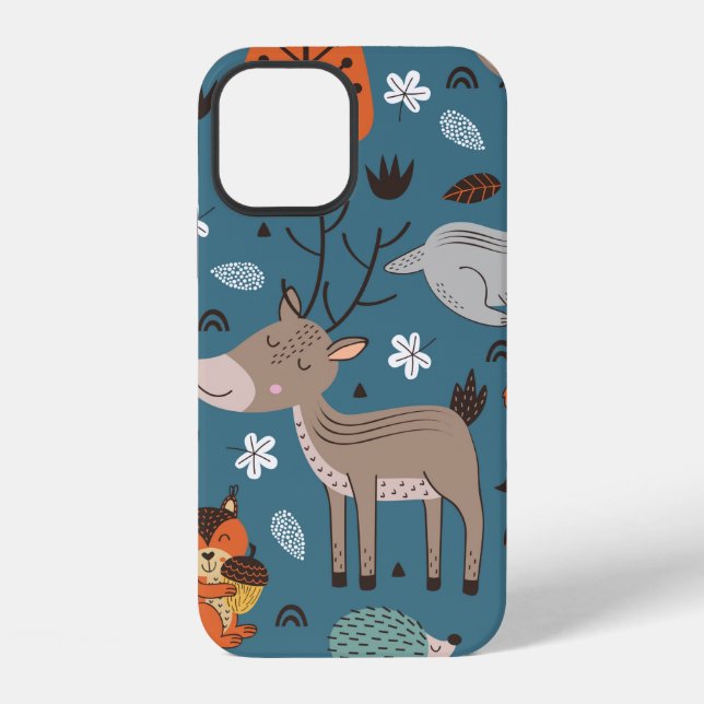 Seamless pattern with forest animals on blue backg iPhone case (Back)