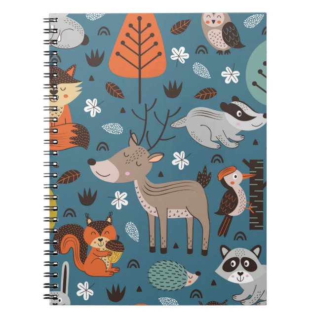 Seamless pattern with forest animals on blue backg notebook (Front)