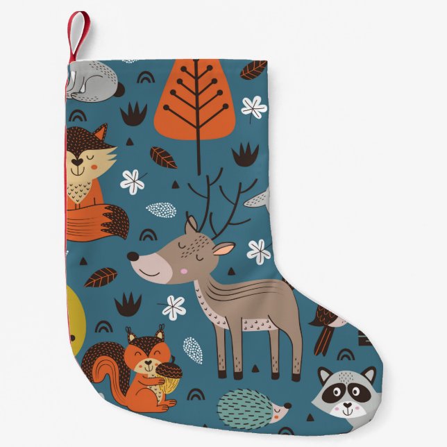 Seamless pattern with forest animals on blue backg small christmas stocking (Front)