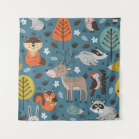 Seamless pattern with forest animals on blue backg