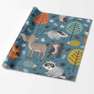 Seamless pattern with forest animals on blue backg wrapping paper
