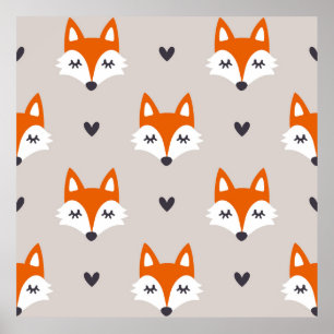 Seamless pattern with fox faces. Hand drawn repeat Poster