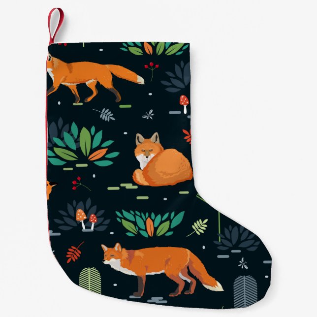 Seamless pattern with Foxes, trees, leaves, mushro Small Christmas Stocking (Front)