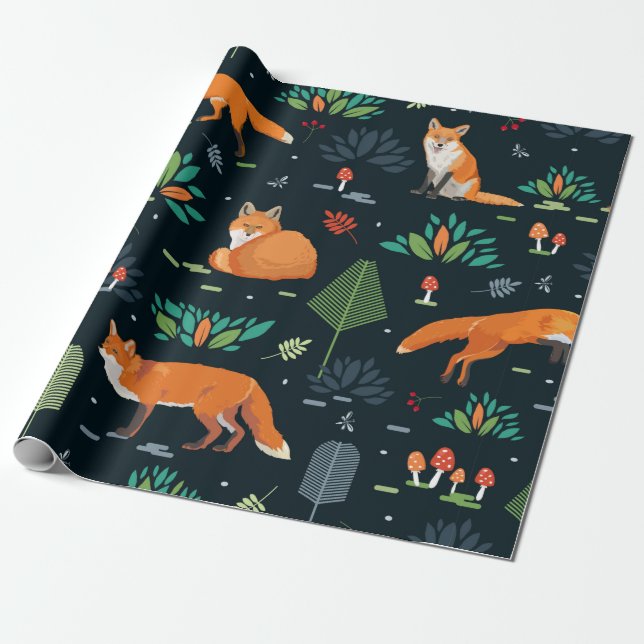 Seamless pattern with Foxes, trees, leaves, mushro Wrapping Paper (Unrolled)