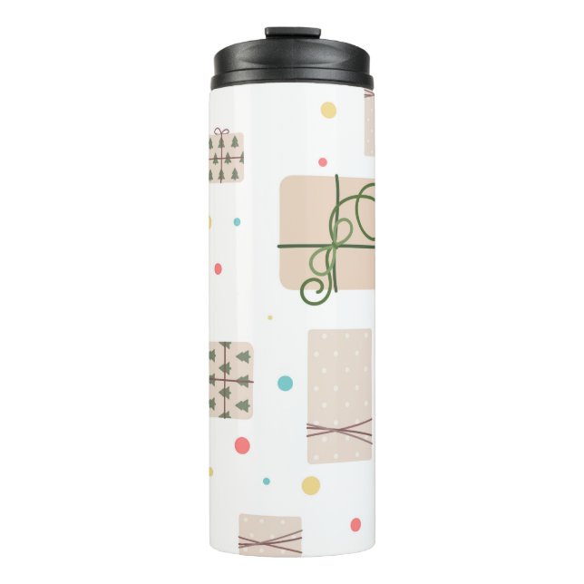 Seamless pattern with gift boxes. Gifts Packed in  Thermal Tumbler (Front)