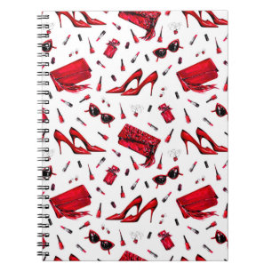 Seamless pattern with girl things in red colour notebook