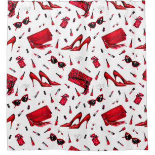 Seamless pattern with girl things in red colour shower curtain