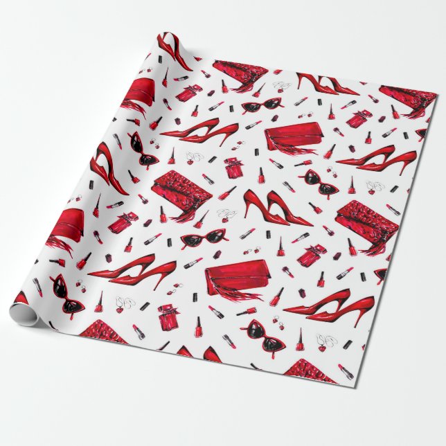 Seamless pattern with girl things in red colour wrapping paper (Unrolled)