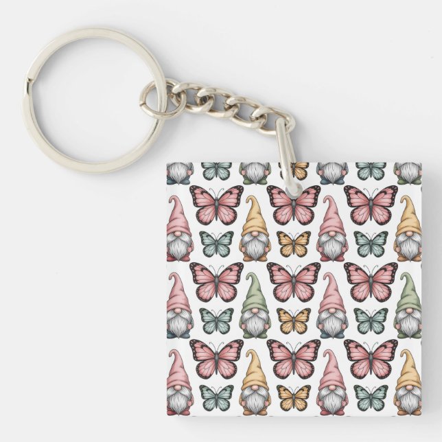 Seamless Pattern with Gnomes and Butterflies Key Ring (Front)