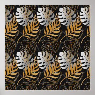 Seamless pattern with gold,  silver tropical plant poster