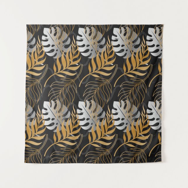 Seamless pattern with gold,  silver tropical plant tapestry (Front)