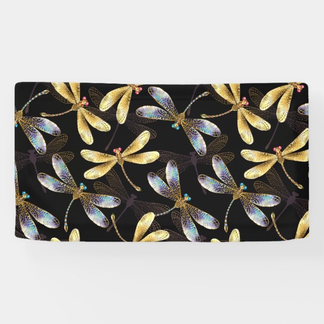 Seamless Pattern with Golden Dragonflies Banner (Horizontal)