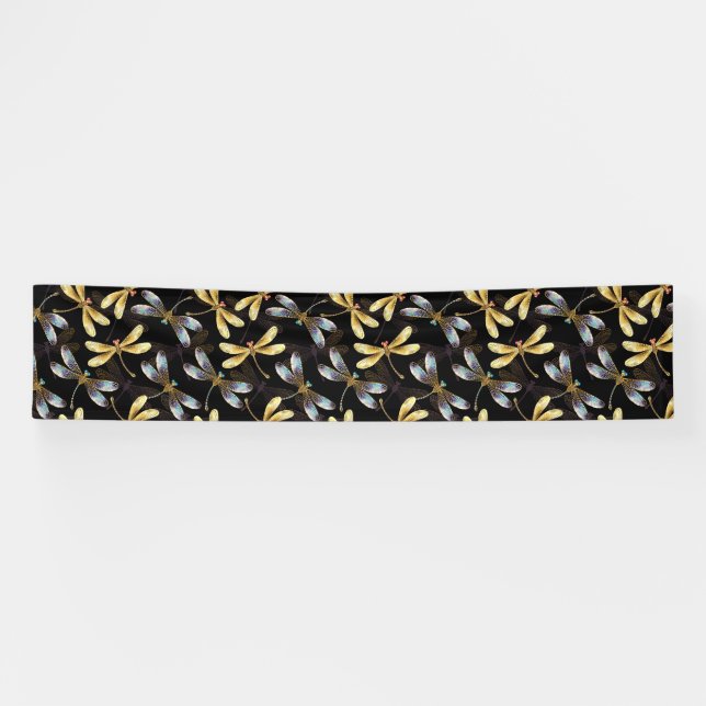 Seamless Pattern with Golden Dragonflies Banner (Horizontal)