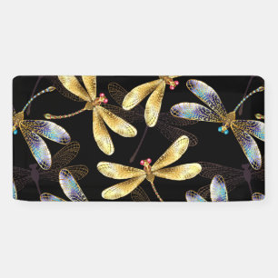 Seamless Pattern with Golden Dragonflies Banner