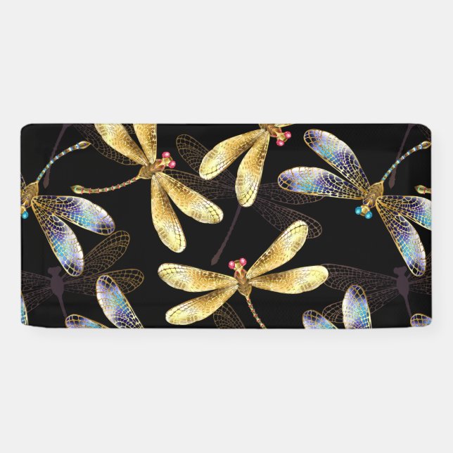 Seamless Pattern with Golden Dragonflies Banner (Horizontal)