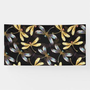 Seamless Pattern with Golden Dragonflies Banner