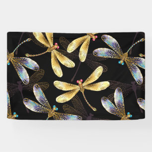 Seamless Pattern with Golden Dragonflies Banner