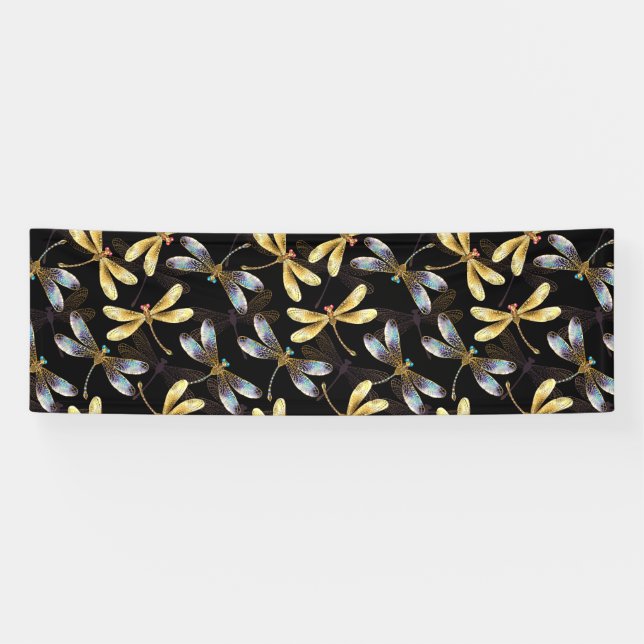 Seamless Pattern with Golden Dragonflies Banner (Horizontal)