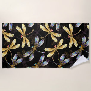 Seamless Pattern with Golden Dragonflies Beach Towel
