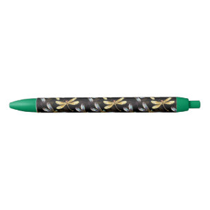 Seamless Pattern with Golden Dragonflies Black Ink Pen