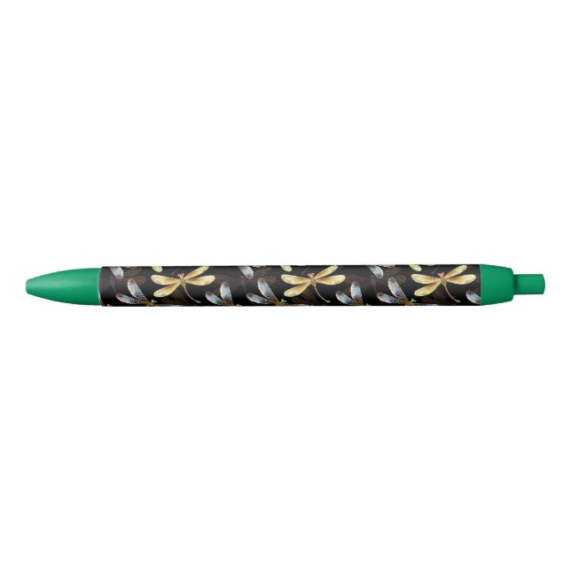 Seamless Pattern with Golden Dragonflies Black Ink Pen (Front)