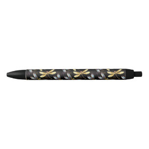 Seamless Pattern with Golden Dragonflies Black Ink Pen