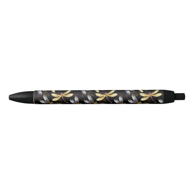 Seamless Pattern with Golden Dragonflies Black Ink Pen (Front)