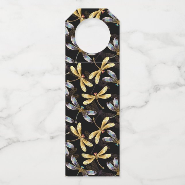 Seamless Pattern with Golden Dragonflies Bottle Tag (Front)
