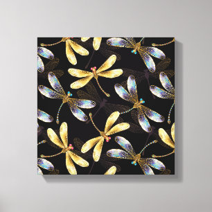 Seamless Pattern with Golden Dragonflies Canvas Print