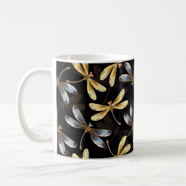 Seamless Pattern with Golden Dragonflies Coffee Mug (Left)