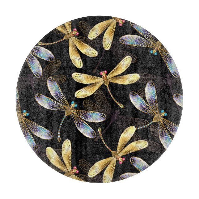 Seamless Pattern with Golden Dragonflies Cutting Board (Front)
