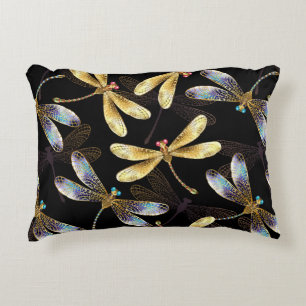 Seamless Pattern with Golden Dragonflies Decorative Cushion