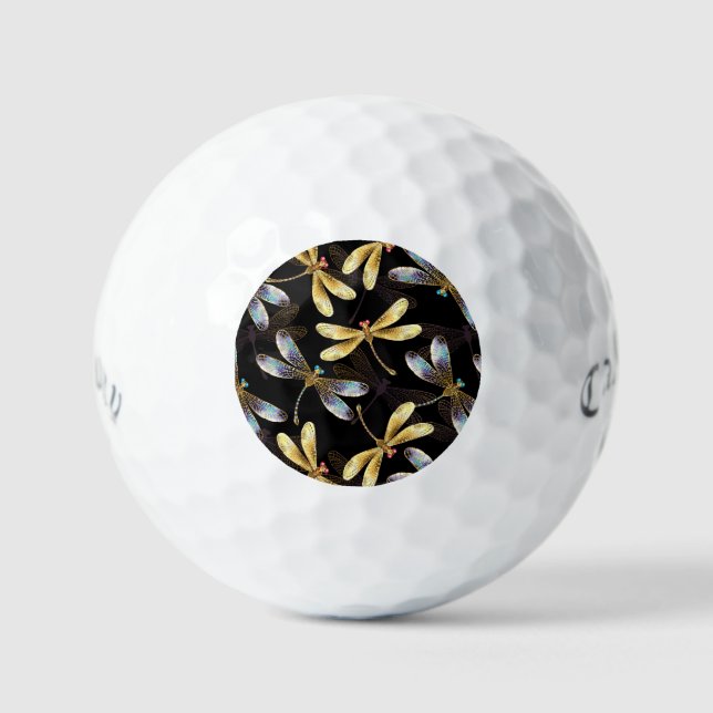 Seamless Pattern with Golden Dragonflies Golf Balls (Front)