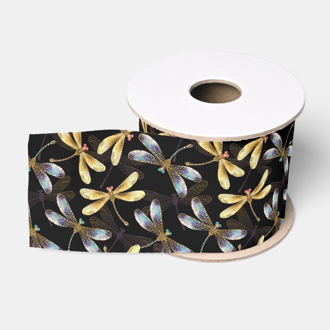 Seamless Pattern with Golden Dragonflies Grosgrain Ribbon (Spool)