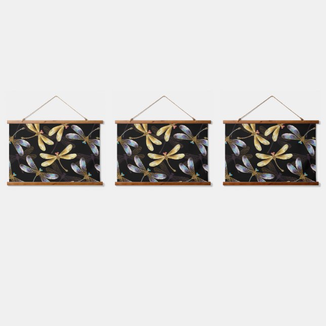 Seamless Pattern with Golden Dragonflies Hanging Tapestry (Triple)