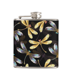 Seamless Pattern with Golden Dragonflies Hip Flask