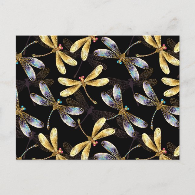 Seamless Pattern with Golden Dragonflies Holiday Postcard (Front)