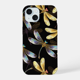 Seamless Pattern with Golden Dragonflies iPhone 15 Case