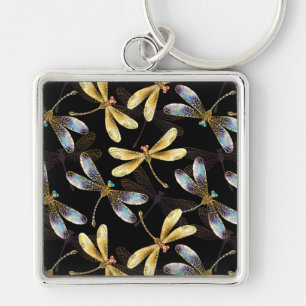 Seamless Pattern with Golden Dragonflies Key Ring