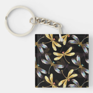 Seamless Pattern with Golden Dragonflies Key Ring