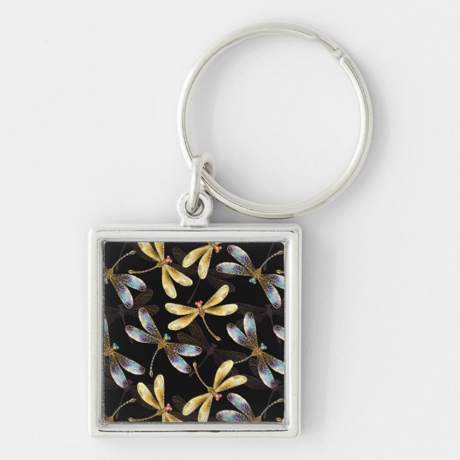 Seamless Pattern with Golden Dragonflies Key Ring (Front)