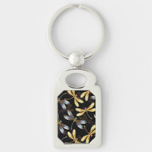 Seamless Pattern with Golden Dragonflies Key Ring