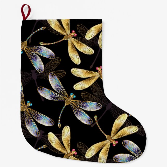 Seamless Pattern with Golden Dragonflies Large Christmas Stocking (Front)