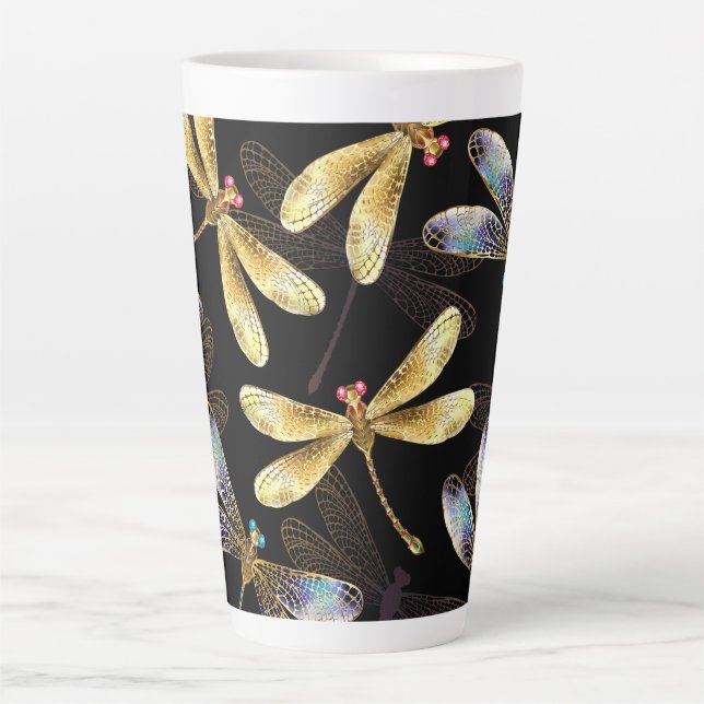 Seamless Pattern with Golden Dragonflies Latte Mug (Front)