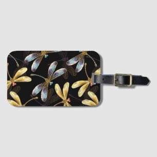 Seamless Pattern with Golden Dragonflies Luggage Tag